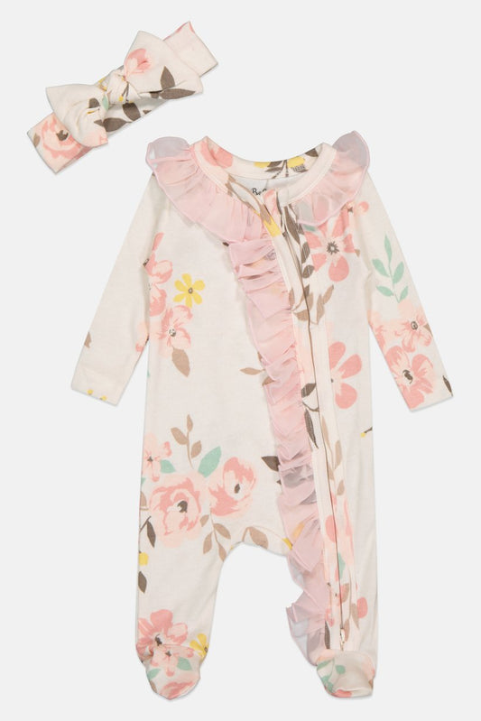 Baby essentials baby girl Floral Ruffle Footie and Headband Set 3M