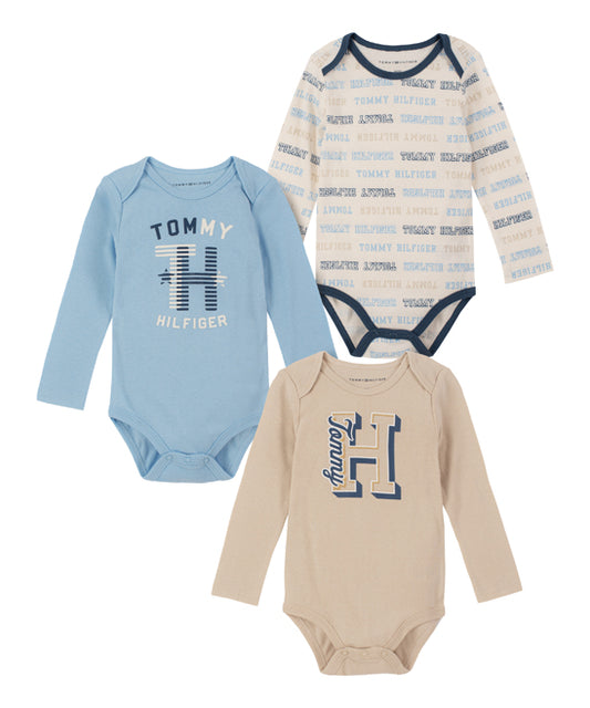 Tommy Hilfiger Baby Boys Multi Logo Long Sleeve Bodysuits, Pack of 3 - Light Blue
