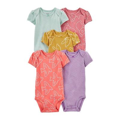 Carter's Baby Girls Short Sleeved Bodysuits with Snaps, Pack of 5 - Pink, Purple