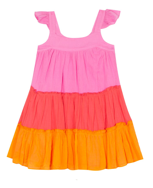 Little Girls Colorblock Flutter Sleeve Tiered Gauze Dress