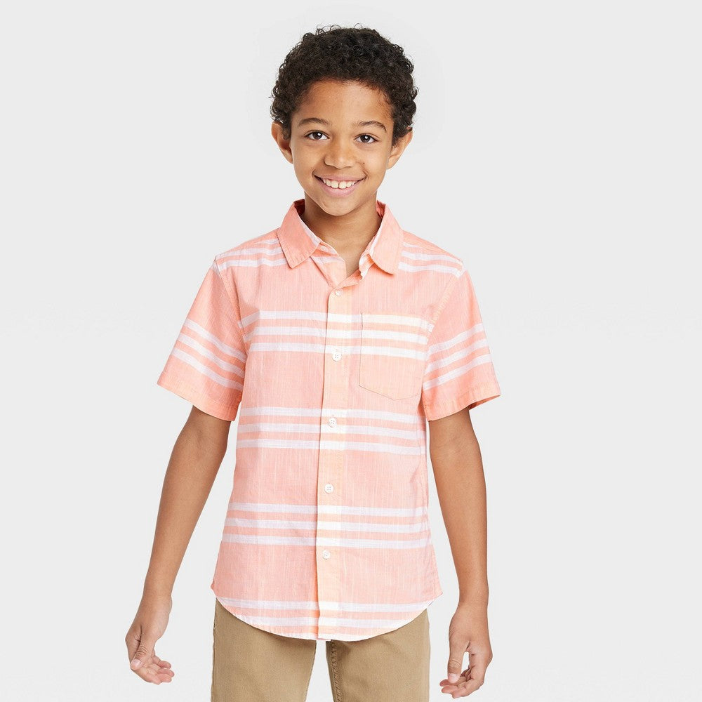 Boys' Horizontal Striped Button-Down Short Sleeve Resort Shirt - Cat & Jack™ Orange M