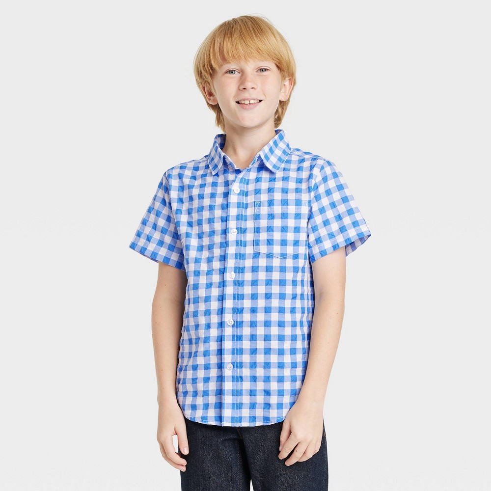 Cat & Jack Boys' Checkered Seersucker Shirt Blue Size M