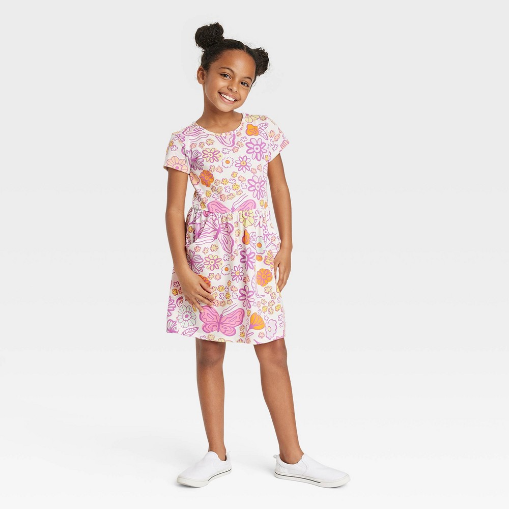 Cat & Jack Girls' Short Sleeve Dress Off-White, Size S