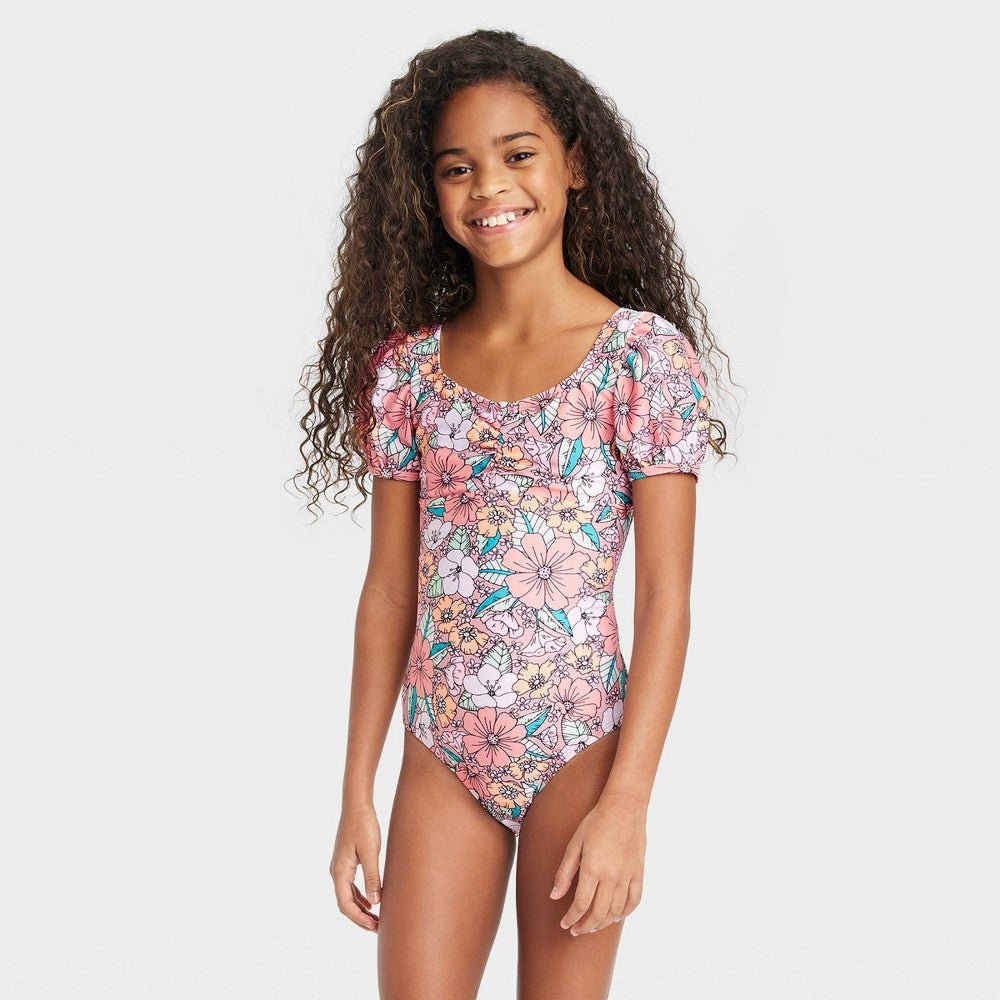 Cat & Jack Girls' Floral Puff Sleeve Swimsuit Size S