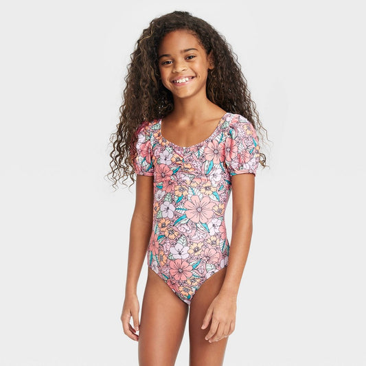 Cat & Jack Girls' Floral Puff Sleeve Swimsuit Size S