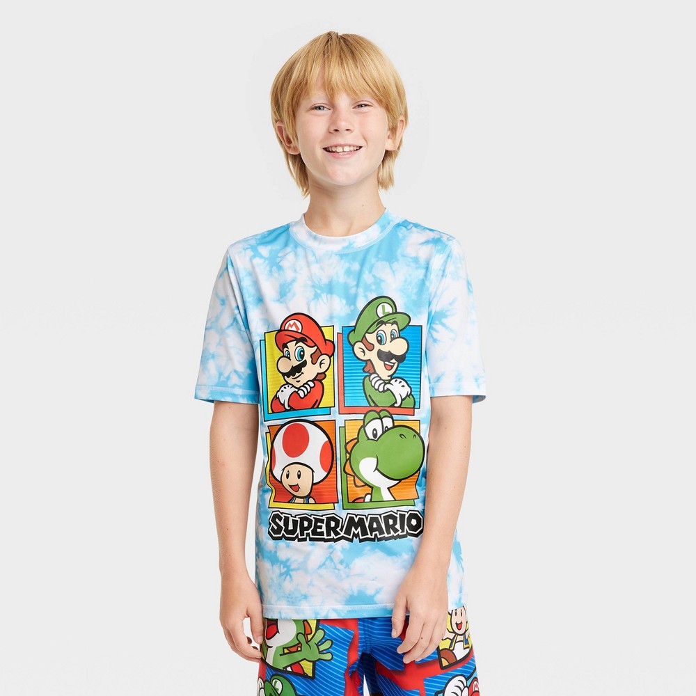 Super Mario Boys' Tie-Dye Rash Guard Swimsuit Top Blue L
