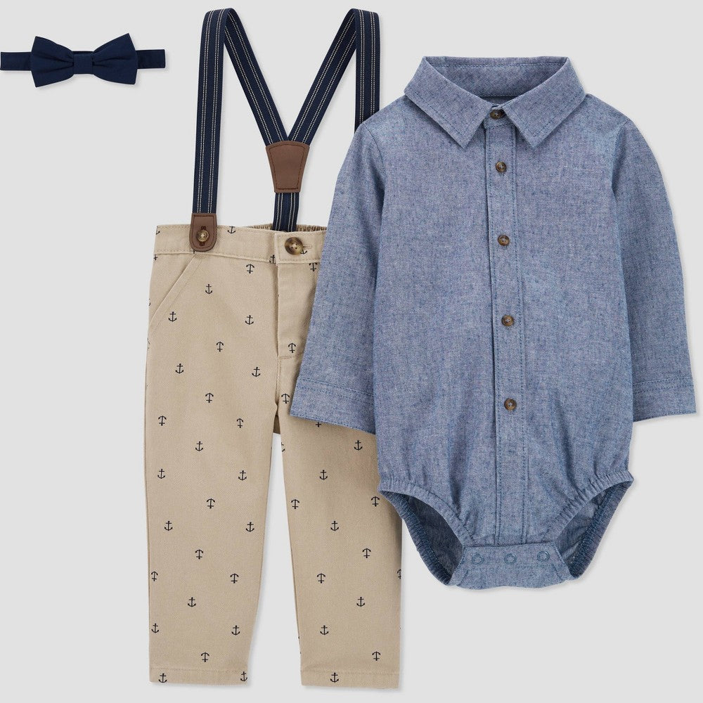 Carter's Just One You Toddler Boys' Anchor Chambray Suspender Set - Khaki/Blue 3T