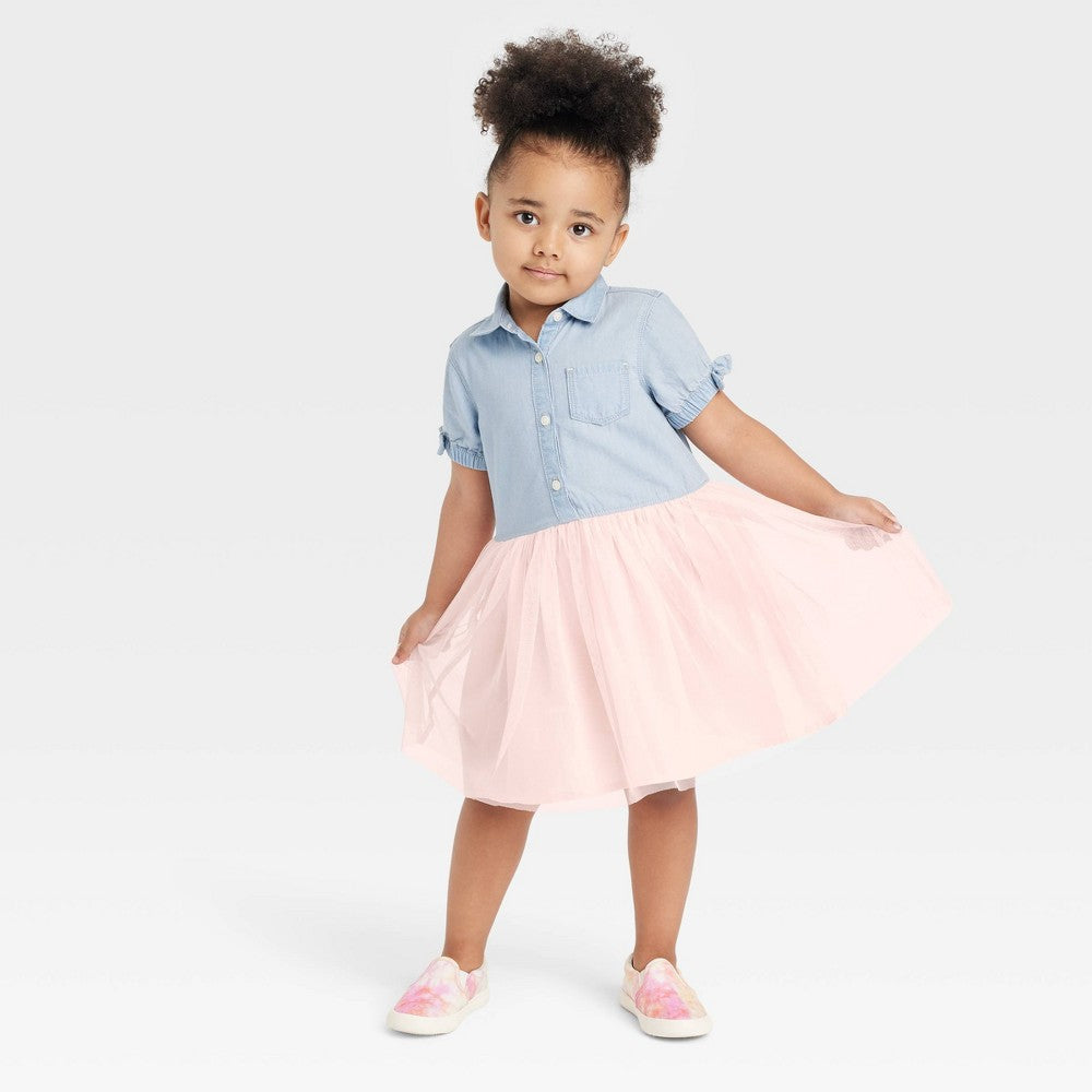 OshKosh girl 3T Chambray Tulle Dress - Light Pink/Blue