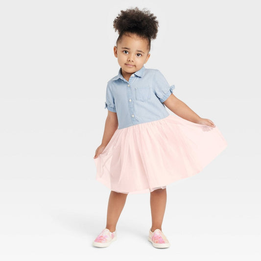 OshKosh girl 3T Chambray Tulle Dress - Light Pink/Blue