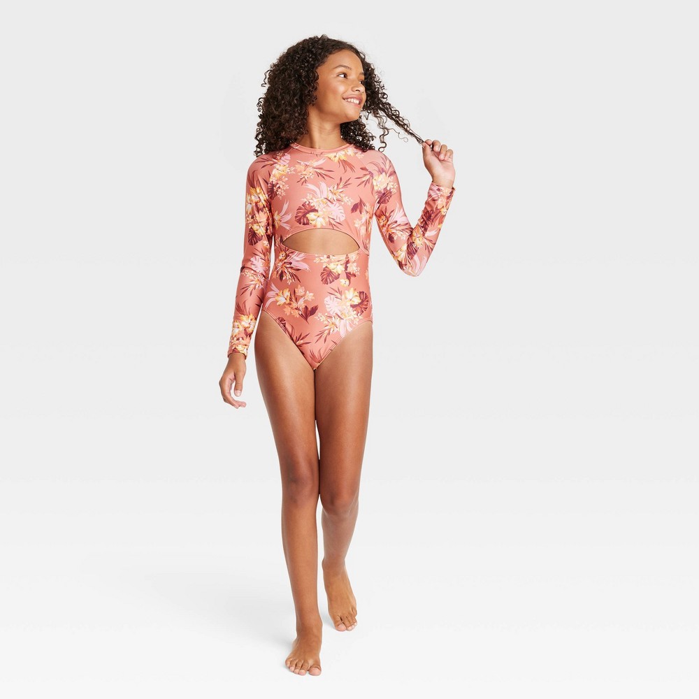 Art Class Girls' Floral Rash Guard One Piece Brown Size S