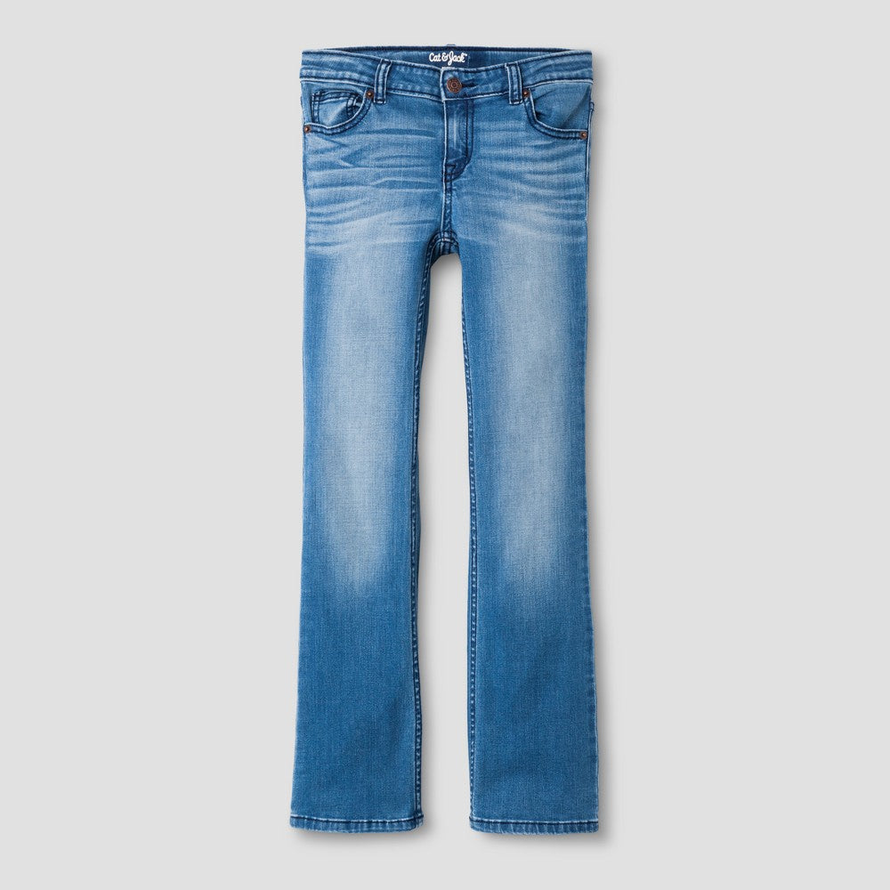 Girls' Mid-Rise Bootcut Jeans - Cat & Jack™ Medium Wash 5: Adjustable Waistband, Stretch Denim