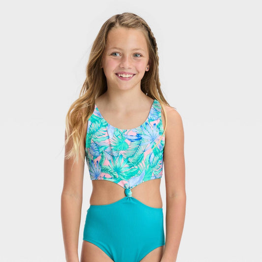 Girls' Floral Printed Tropical Twist Swimsuit - Art Class™ Light Blue XL