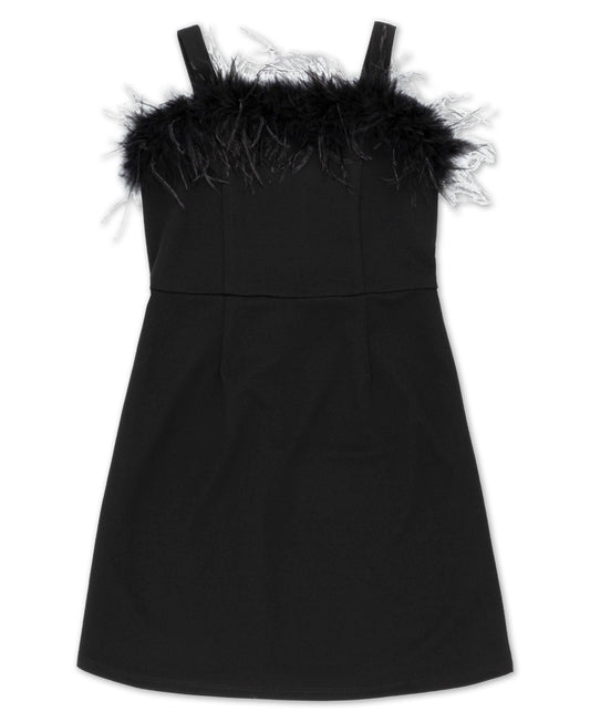 Speechless Big Girls Square Neck a Line Feather Trim Dress - Black