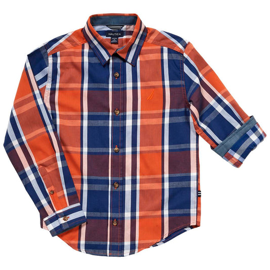 Nautica Boys Autumn Plaid Button Down Size 14/16 - Burnt Orchid