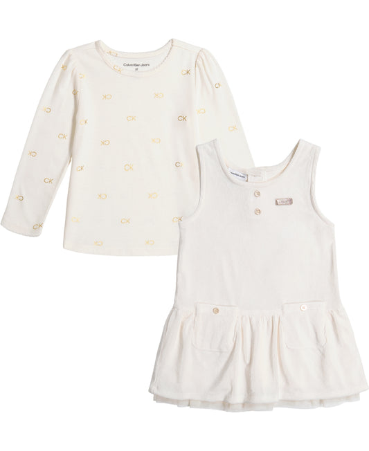 Calvin Klein Little Girls Logo Jersey T-shirt and Ribbed Velour Peplum Jumper, 2 Piece Set - Cream