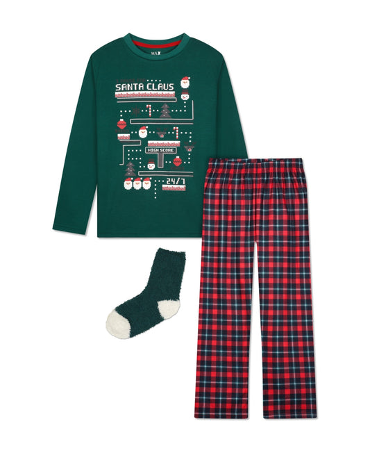 Max & Olivia Big Boys 2 Pack Pajama Set with Socks, 3 Pieces - Green