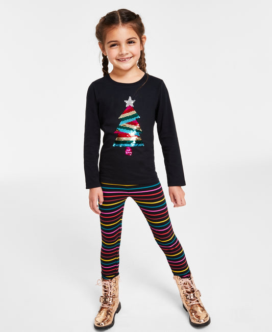 Epic Little Girls Rainbow Tree Sequined T-shirt - Deep Black