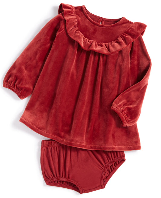 First Impressions Baby Girls Velour Ruffled Dress - Scarlet Crush