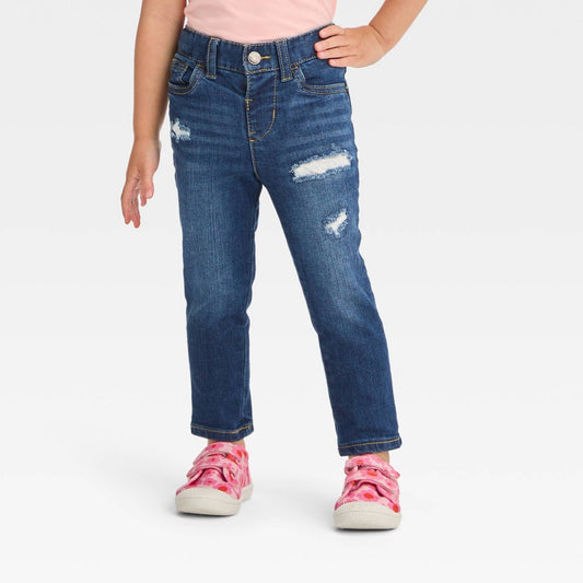 Toddler Girls' Skinny Dark Rip Repair Jeggings - Cat & Jack™ Dark Blue 2T: Adjustable Waistband, Super Stretch Denim