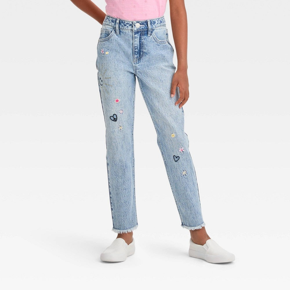 Cat & Jack Embroidered Ankle Straight Jeans, Blue girl Size 6