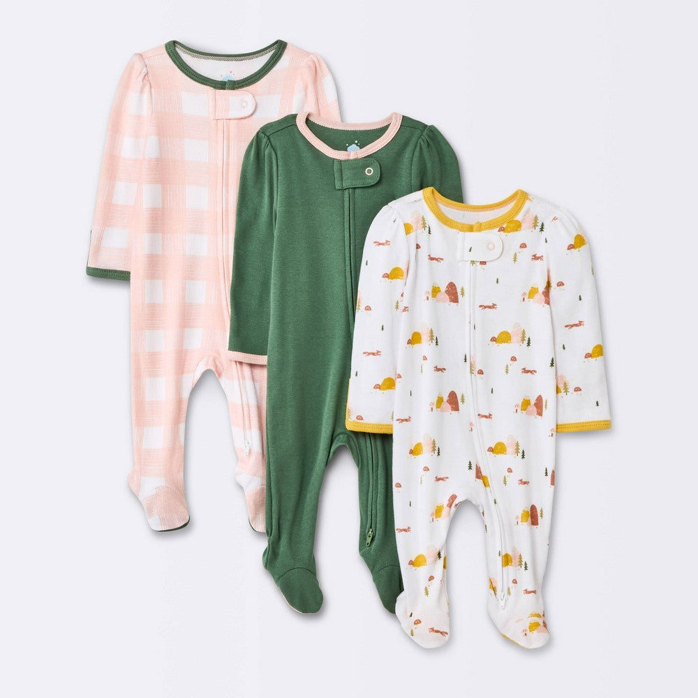 Cloud Island Baby Girls' Sleep N' Play Olive Green 3-6M 3Pack