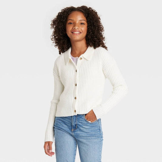 Art Class Fuzzy Collared Cardigan Sweater Cream, M girl