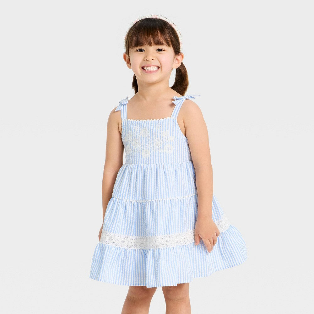 Cat & Jack Toddler Girls' Striped Embroidered Dress Blue 2T