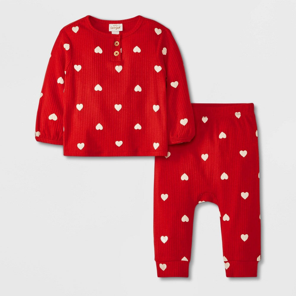 Cat & Jack Baby girl Heart Ribbed Top & Bottom Set 18M Red