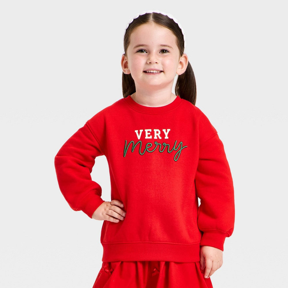 Cat & Jack Toddler Girls' Very Merry Fleece Sweatshirt Red 5T