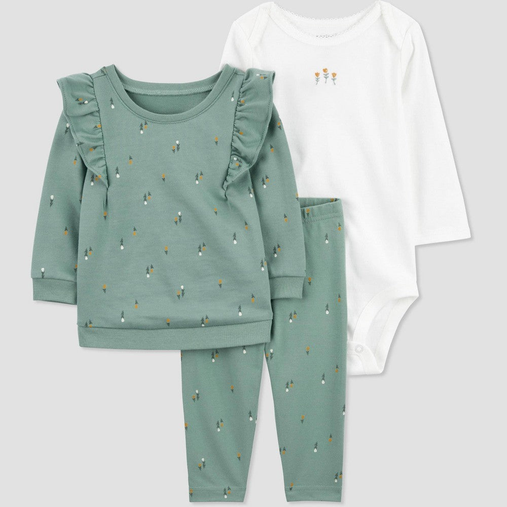 Carter's Baby Girls' Floral Top & Bottom Set - Green/White 9M