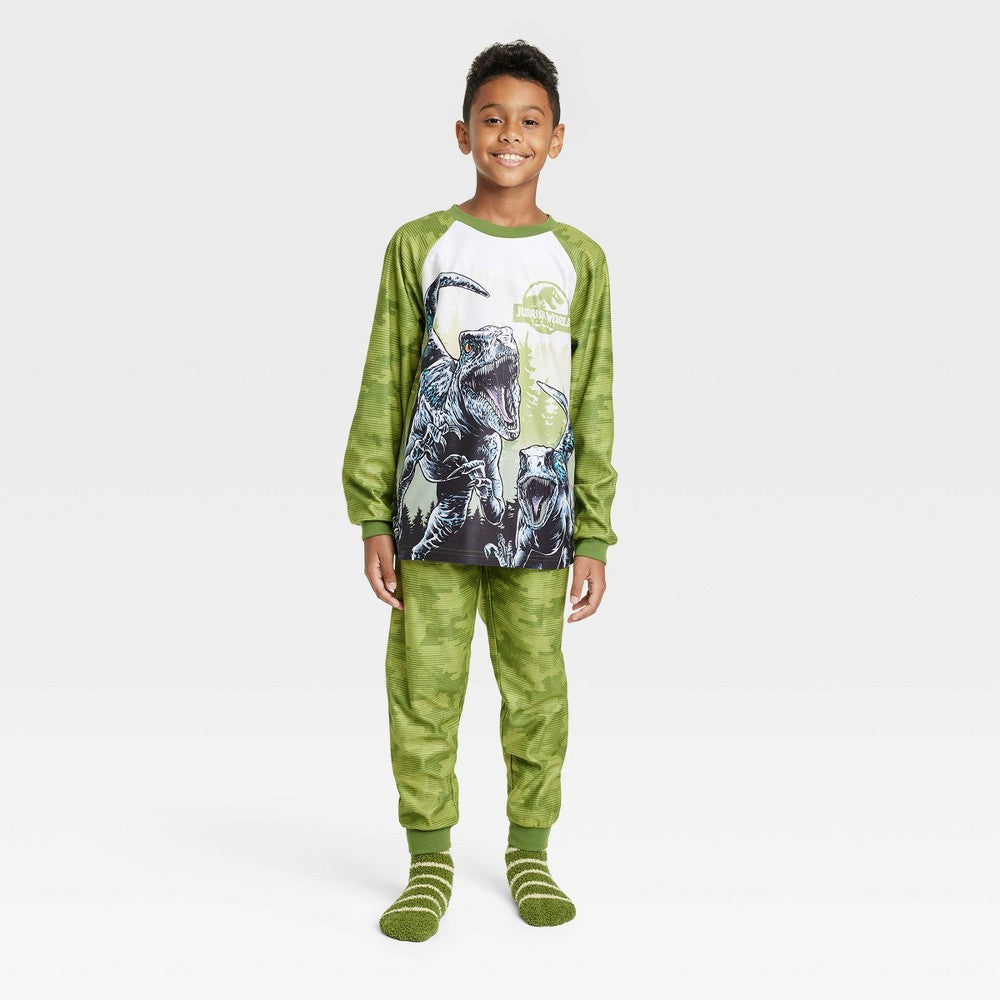 Jurassic World Boys' Pajama Set with Cozy Socks - Green L