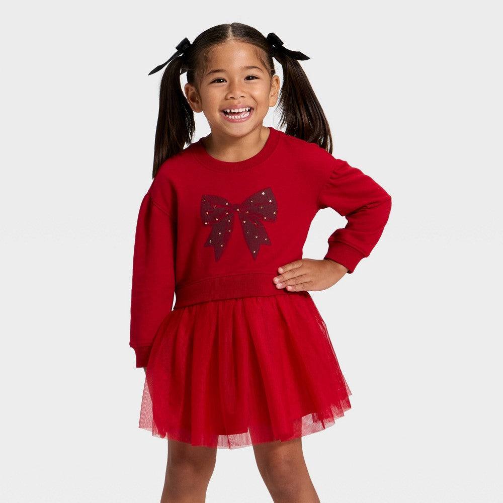 Cat & Jack Toddler Girls' Bow Sweatshirt Dress Dark Red 3T