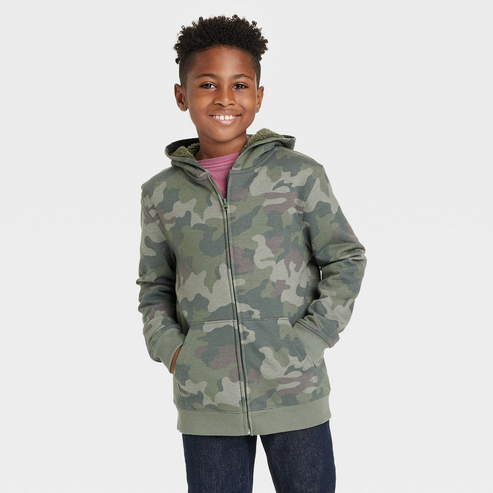 Cat & Jack Boys' Camo Green Zip-Up Hoodie, Faux Shearling Lined S