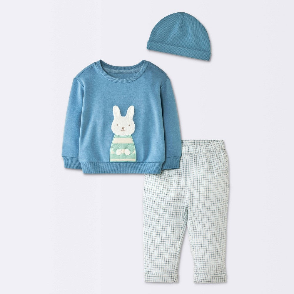 Cloud Island Baby Boys' 3pc Bunny Graphic Set - Blue 24M