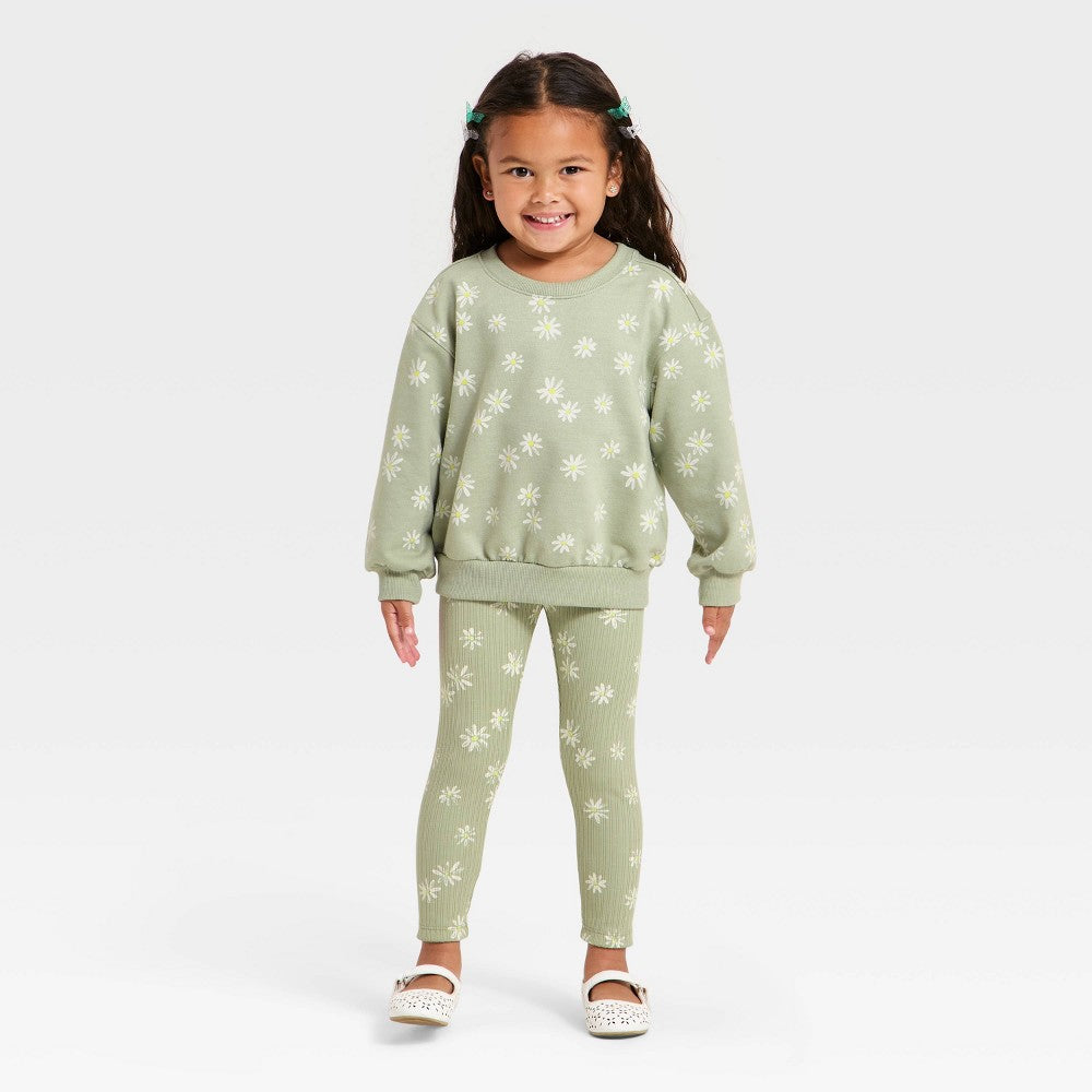 Cat & Jack Toddler Girls' Daisy Sweatshirt Pants Set 3T Olive