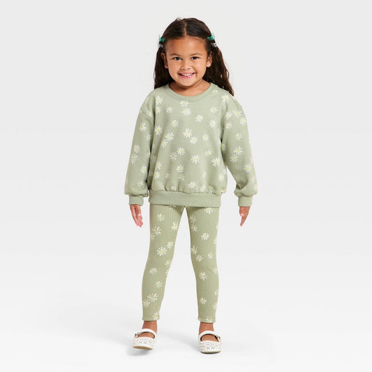 Cat & Jack Toddler Girls' Daisy Sweatshirt Pants Set 3T Olive