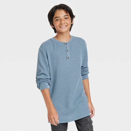 Art Class Boys' Thermal Henley T-Shirt Long Sleeve Blue M