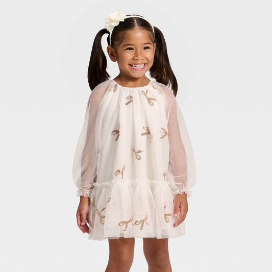 Cat & Jack Toddler Girls' Tulle Dress Bows Cream 2T