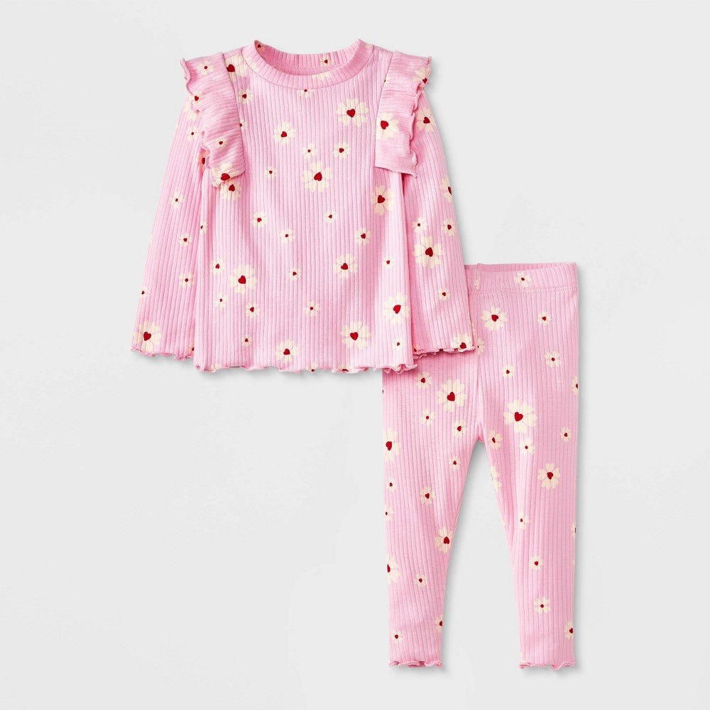 Cat & Jack Girls' Floral Ribbed Set - Light Pink Newborn