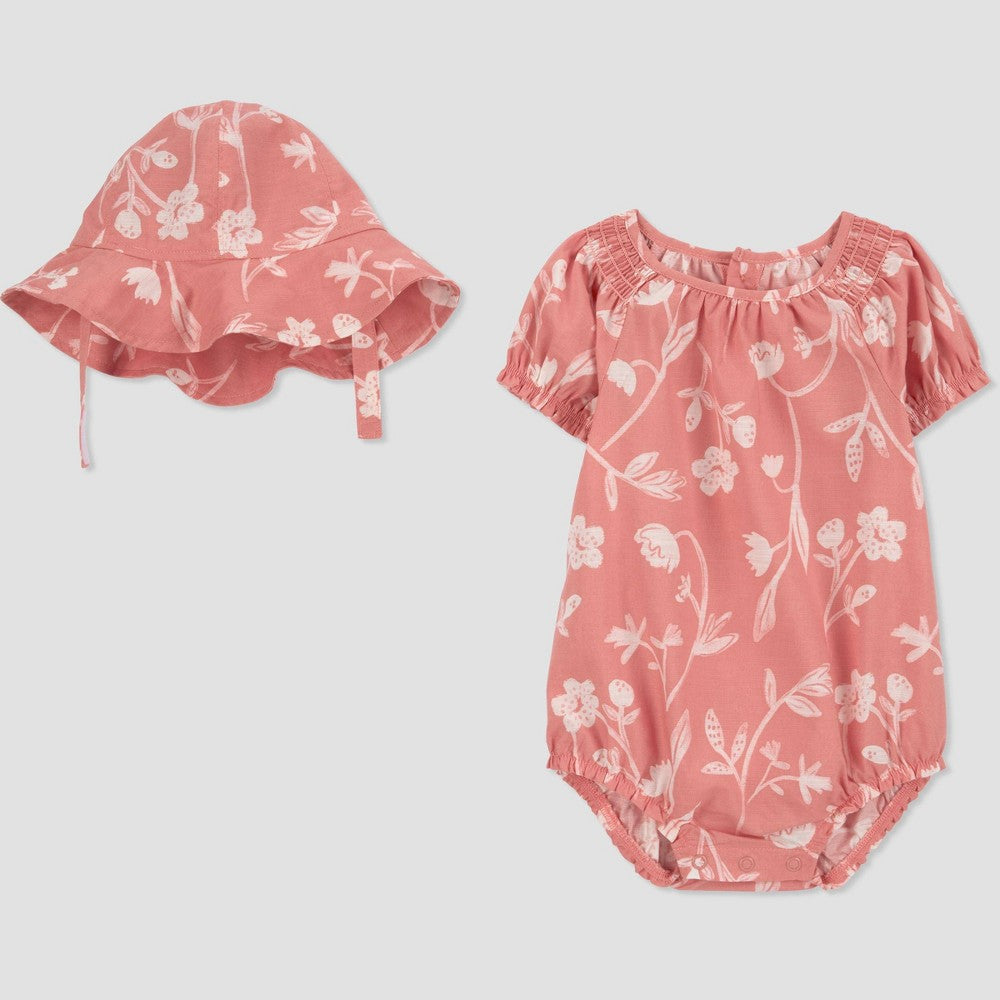 Carter's Baby Girls' Floral Bubble Romper with Hat - Pink/White 3M