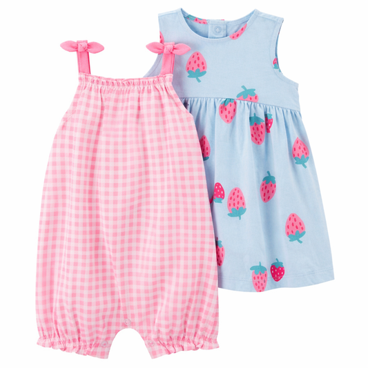 Carter S Girls Toddler 2 Piece Cotton Bodysuit Dress Set (Pink/Blue 6M)