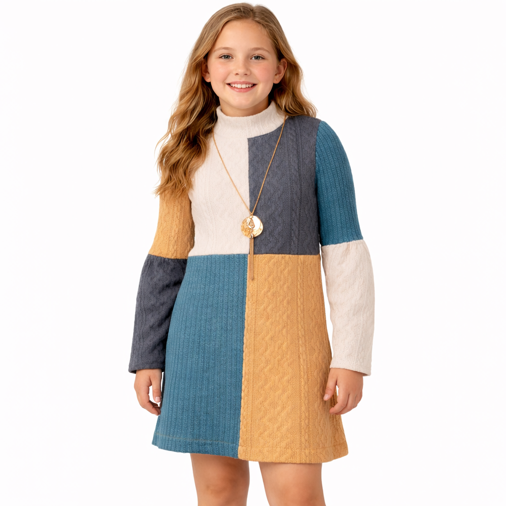 Bonnie Jean Mock Neck Color Blocked with Textured Cable Knit Fabric Dress