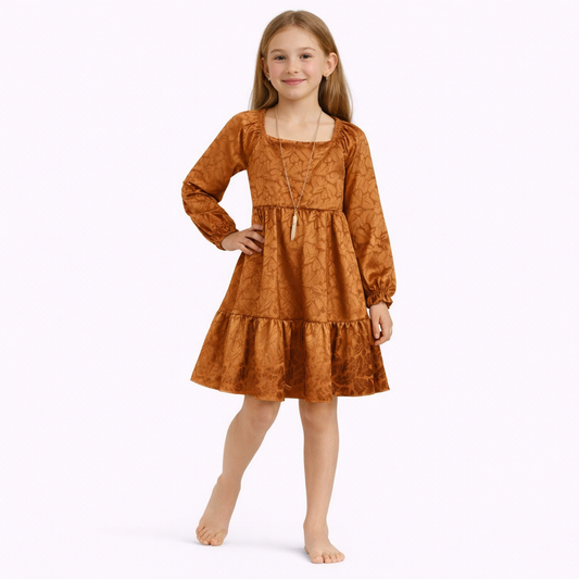 Rare Editions Big Girls Puff Sleeve Ruffle Hem Dress with Necklace, 2-Pieces - Rust