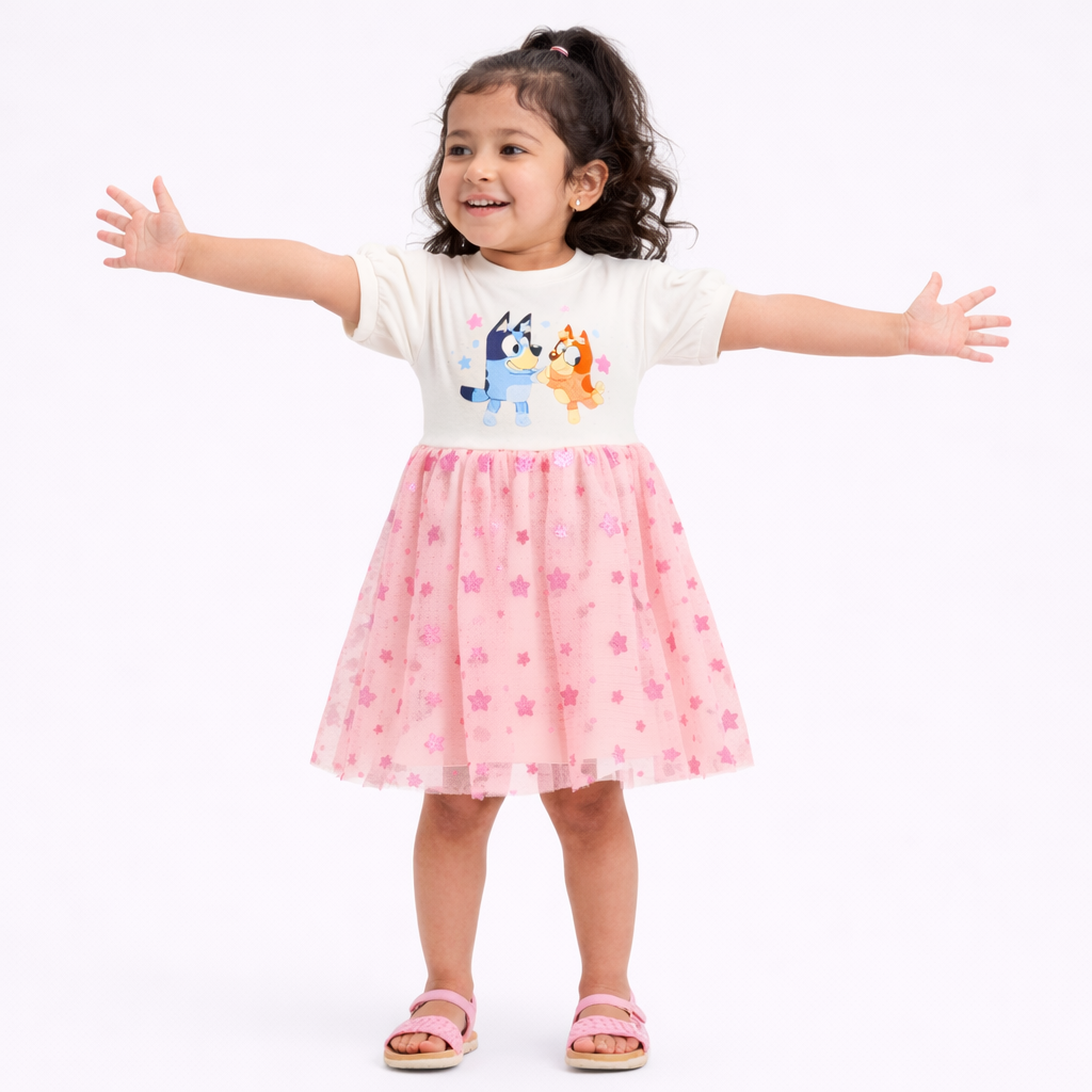 Toddler Girls' Bluey and Bingo Puff Sleeve Tulle Dress - Pink