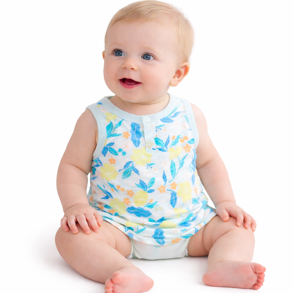 First Impressions Tropical Henley 2pc set  6-9 Months - Oasis Blue