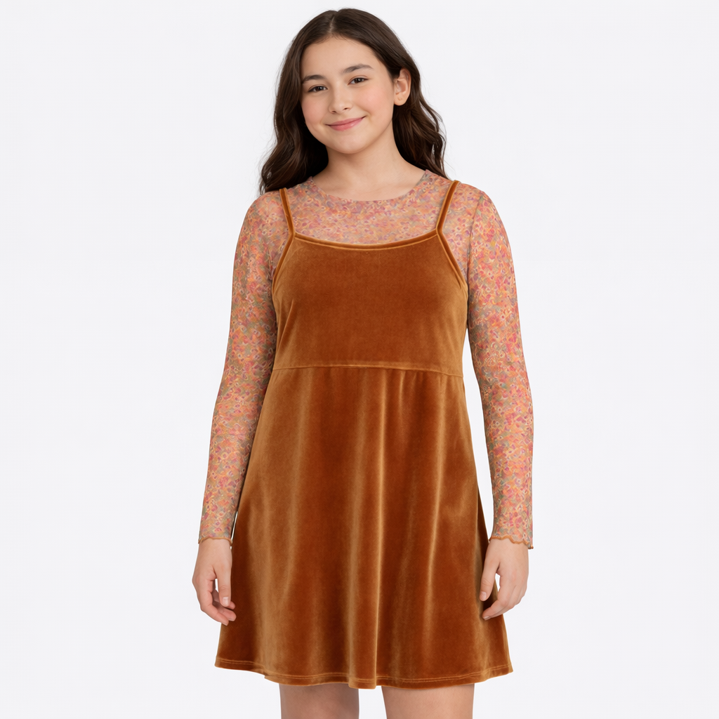 Beautees Velvet Slip Dress with Floral Printed Mesh Top, 2-Piece Set - Mustard