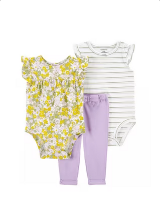Floral and Striped Baby Bodysuit Set with Lavender Pants