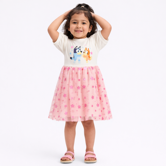 Toddler Girls' Bluey and Bingo Puff Sleeve Tulle Dress - Pink