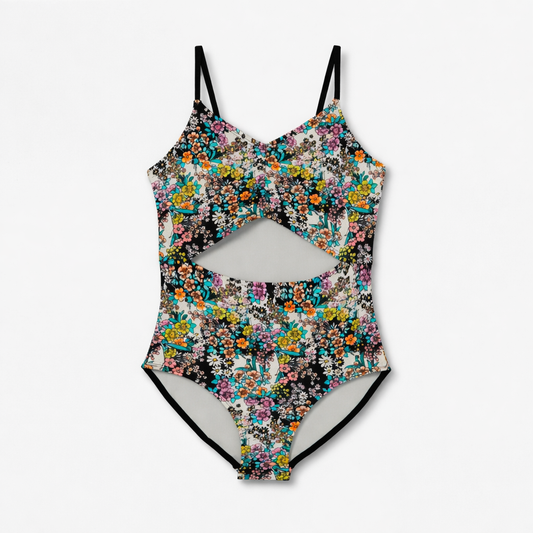 Art Class Floral Print One Piece Swimsuit Black L Plus