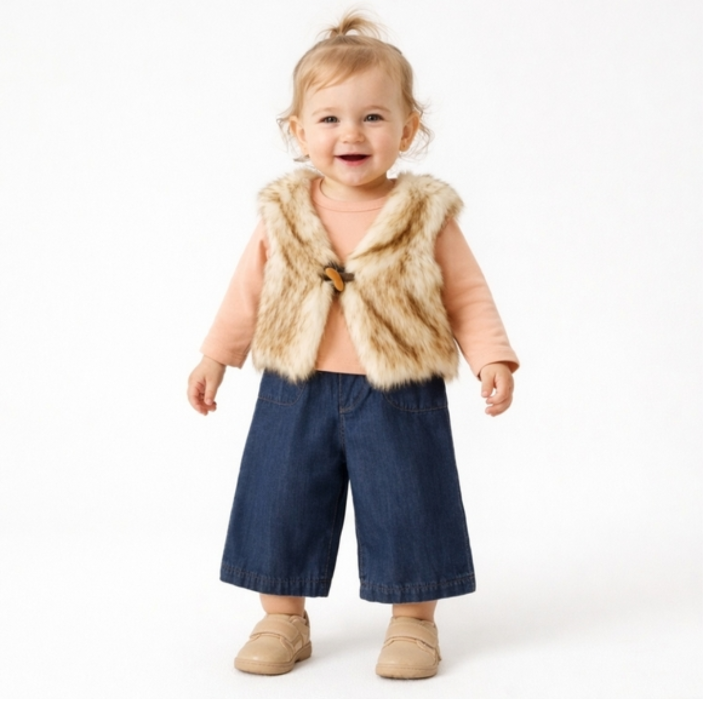 Max Studio 3Pc Girl Tan Faux Fur Vest and Denim Set 24 months